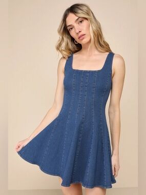 Lulu’s Dreamy Sweetie Dark Wash Sleeveless Skater Denim Mini Dress